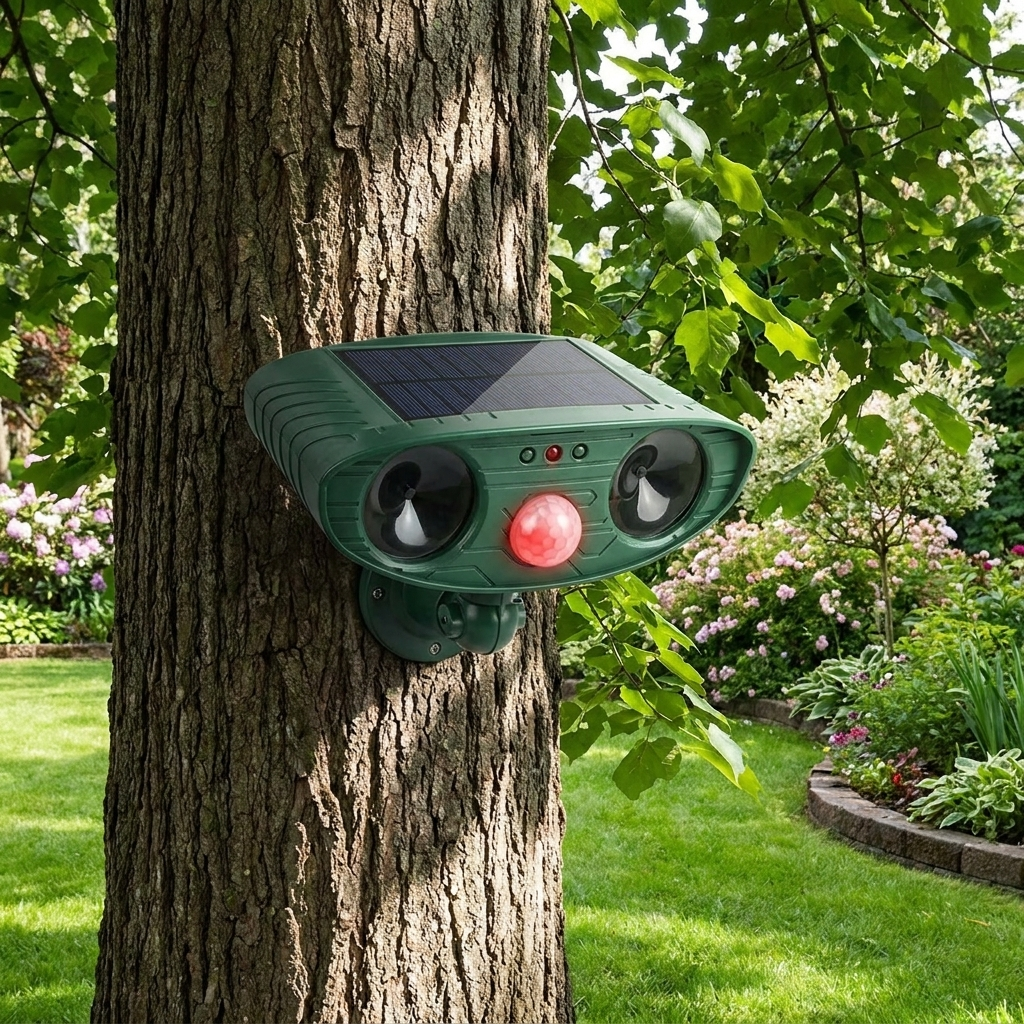 Ultrasonic woodpecker repellent mounted on a tree trunk