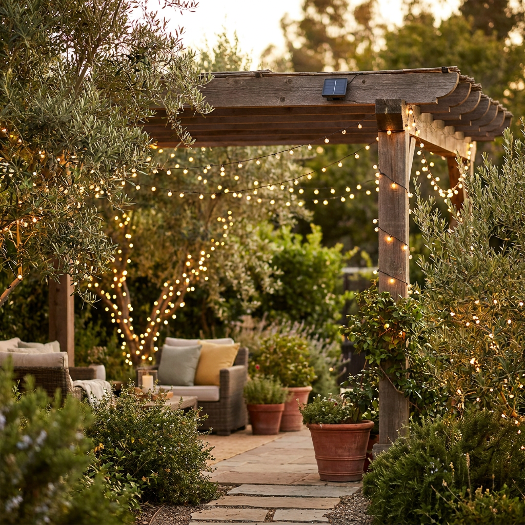 LED solar-powered fairy lights strung outdoors in a garden at dusk