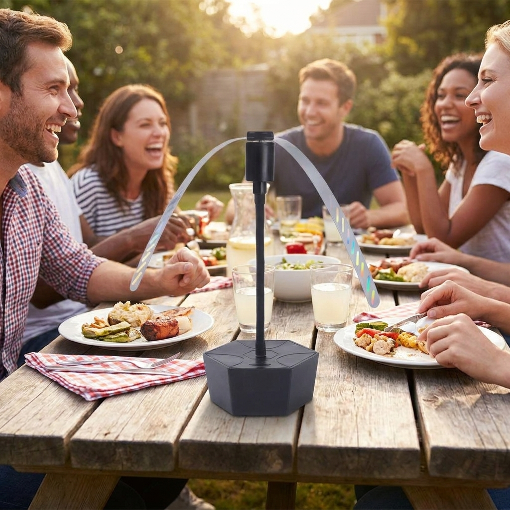 Outdoor fly repellent fan placed on a table at a backyard gathering