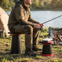Person sitting on an ultra light retractable stool outdoors while camping