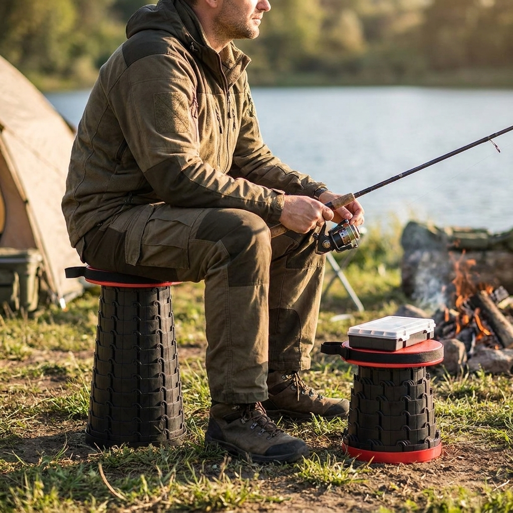 Person sitting on an ultra light retractable stool outdoors while camping