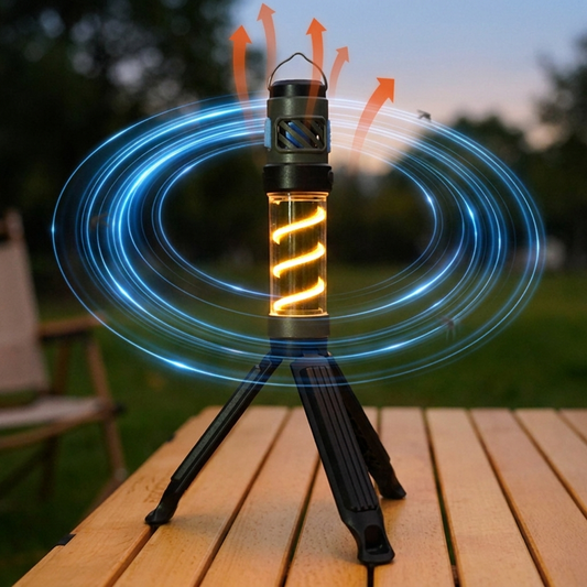 Rechargeable outdoor mosquito repellent lamp placed on an outdoor table at dusk