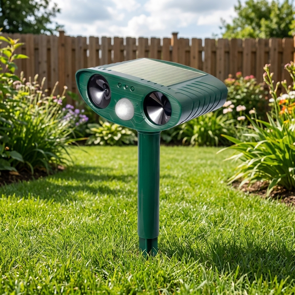 Solar-powered ultrasonic animal repeller staked in a backyard garden lawn