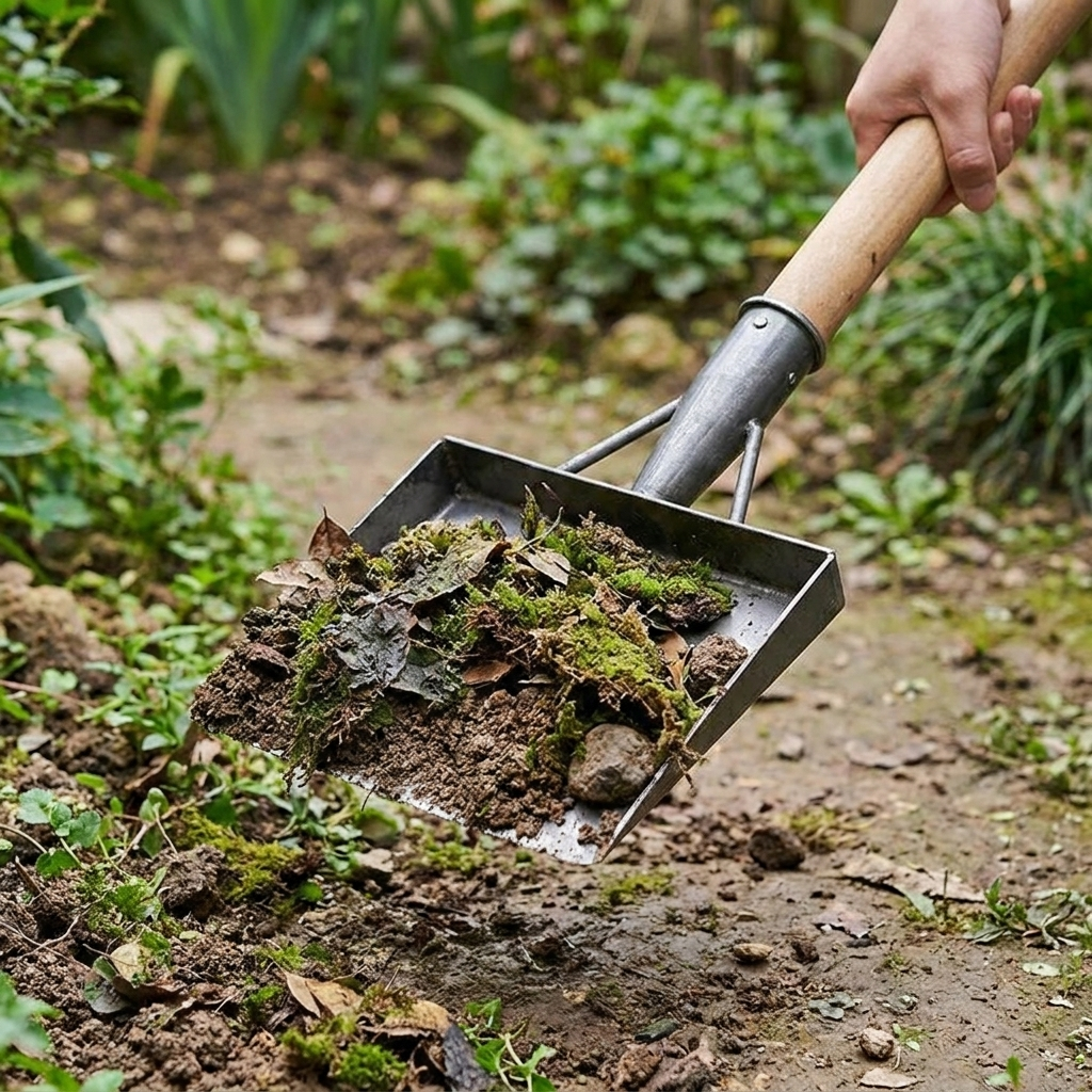 Multifunctional cleaning shovel scooping debris outdoors