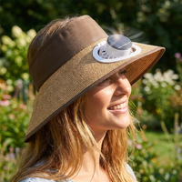 Person wearing a wide brim sun hat with solar powered fan outdoors