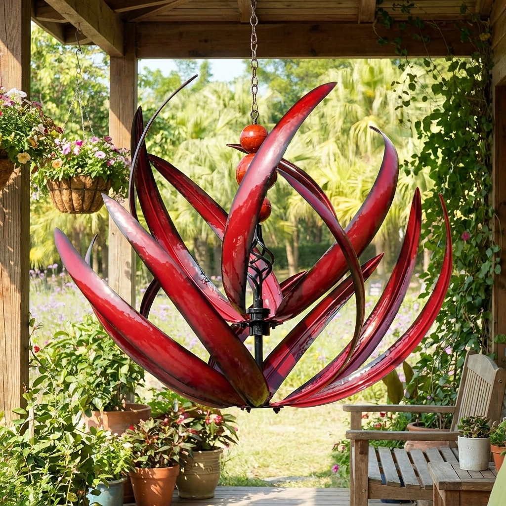 Stylish wind chime hanging on a garden porch