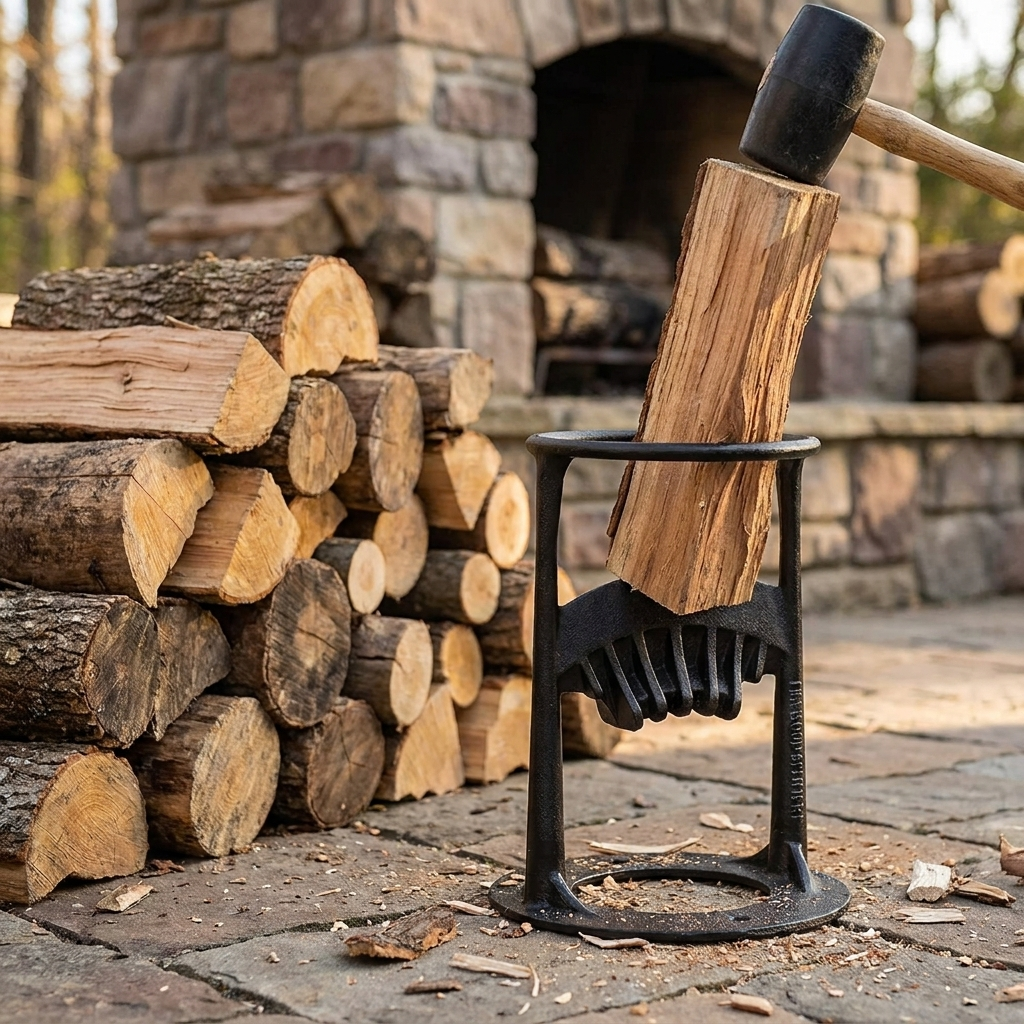 Cast iron manual firewood splitter splitting a log near a woodpile
