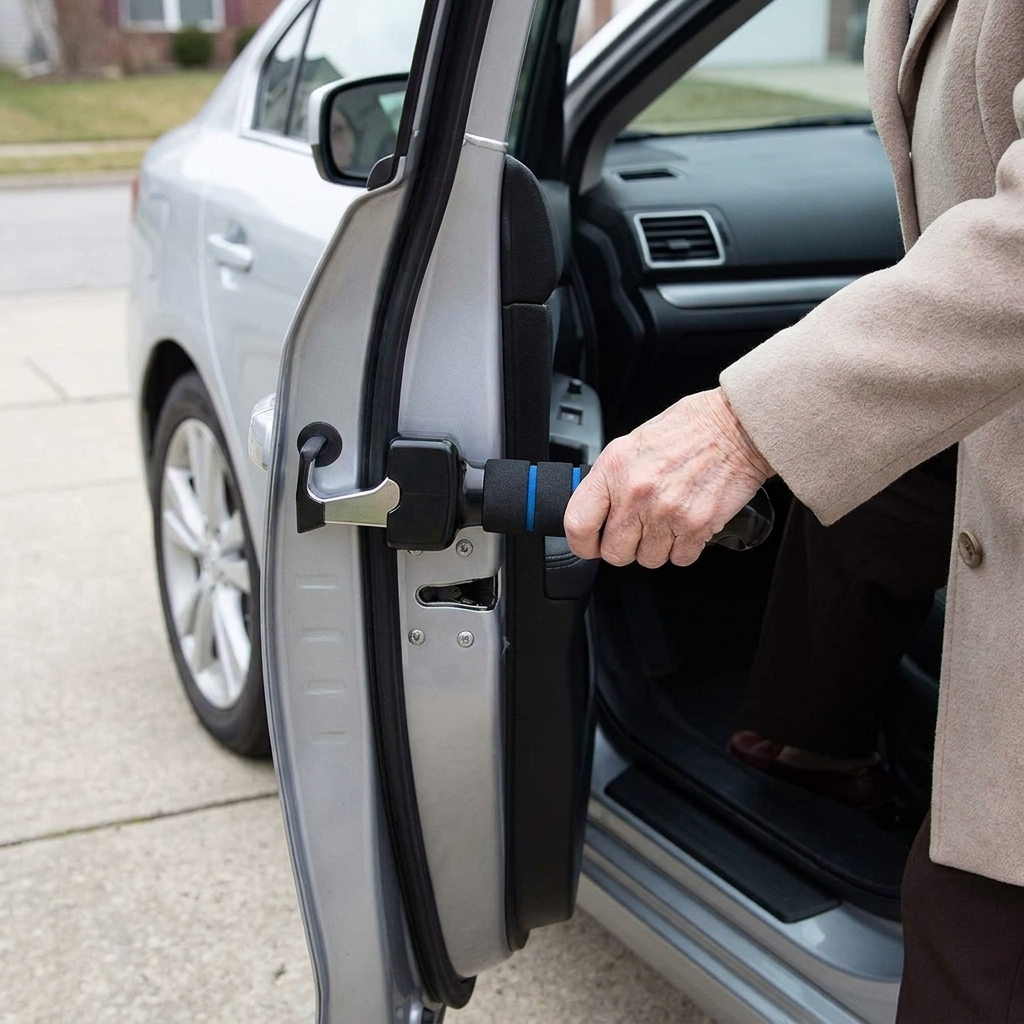 Person using an elderly and handicap car door assist handle to enter a car