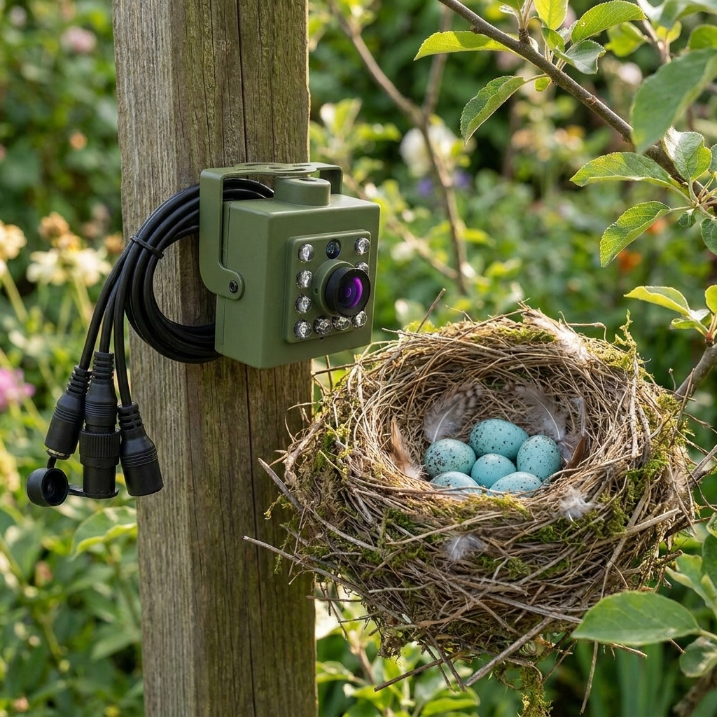 HD WiFi bird nest camera mounted near a real bird nest outdoors