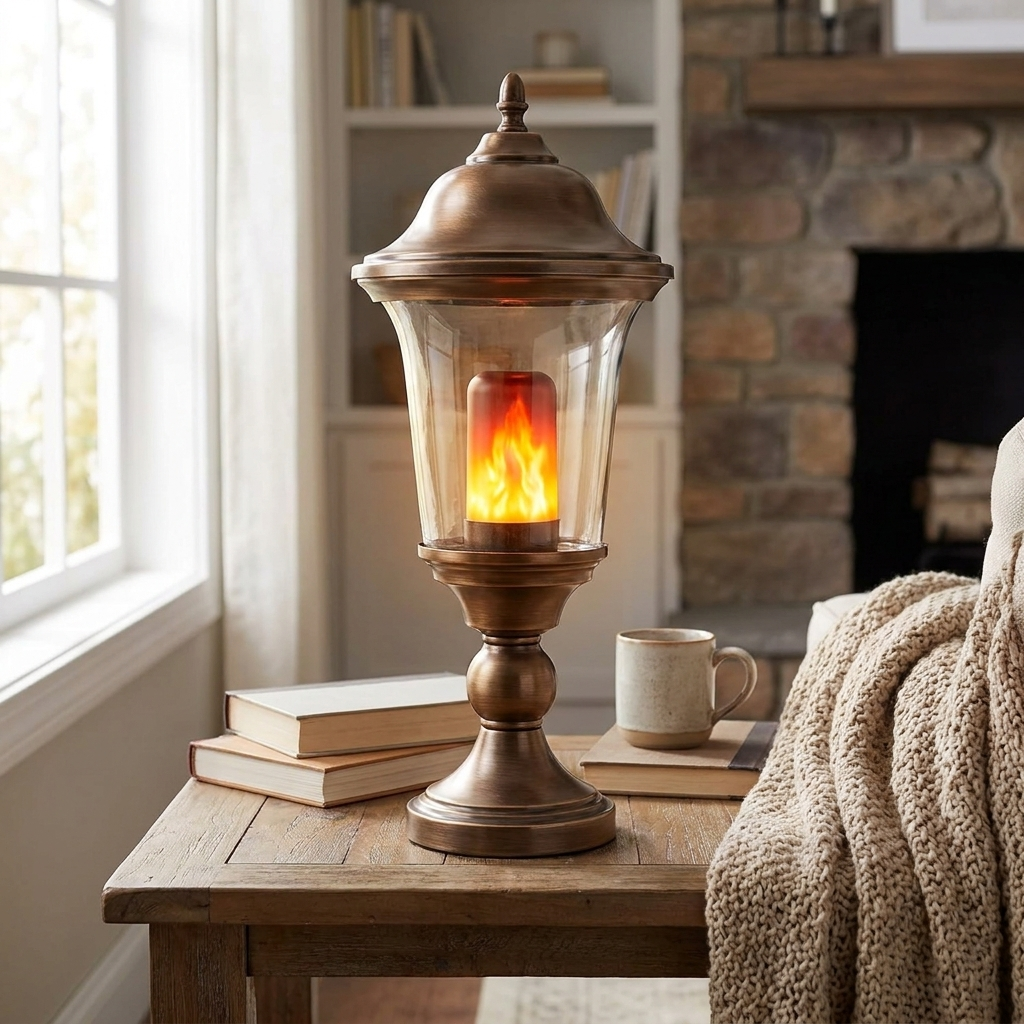 LED flame effect light bulb installed in a lamp in a cozy home interior