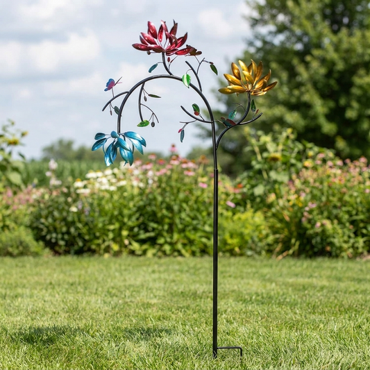 Flower wind spinner planted in a garden lawn