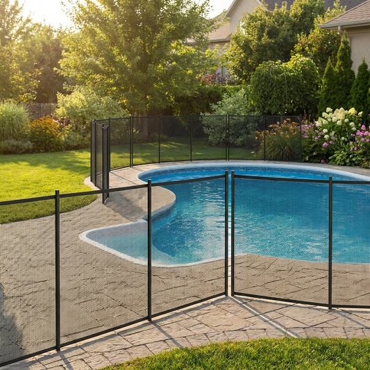 Pool safety fence installed around a backyard swimming pool