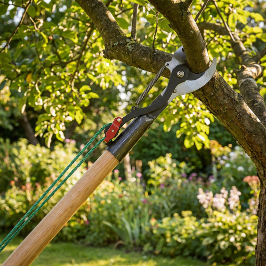 Pruning shears trimming high tree branches in a garden