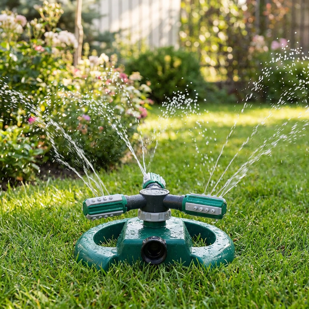 Garden lawn sprinkler watering a green lawn