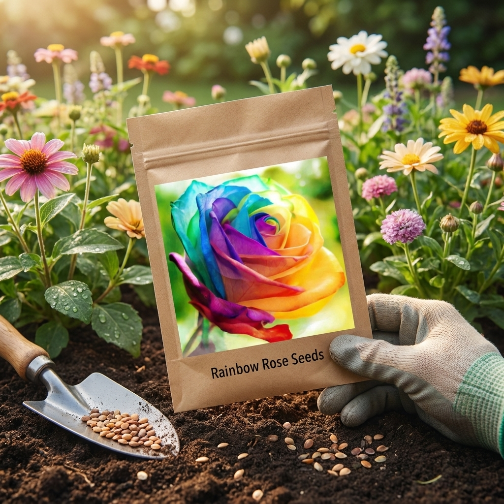 Rainbow rose seeds packet beside a blooming flower bed
