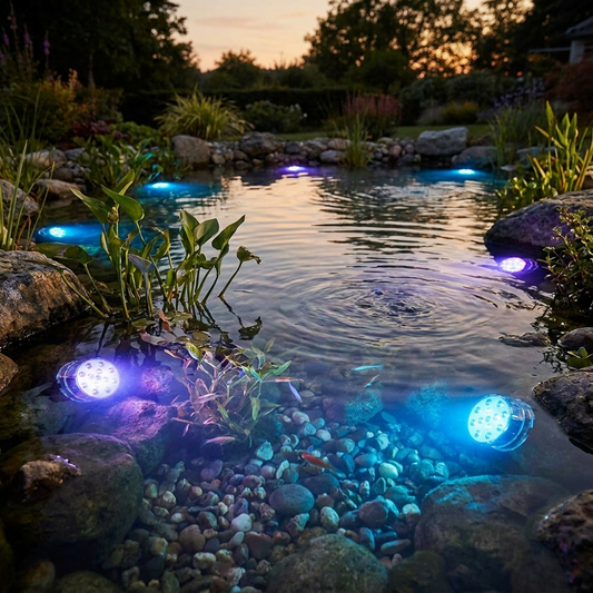 Submersible LED lights glowing in a garden pond at dusk