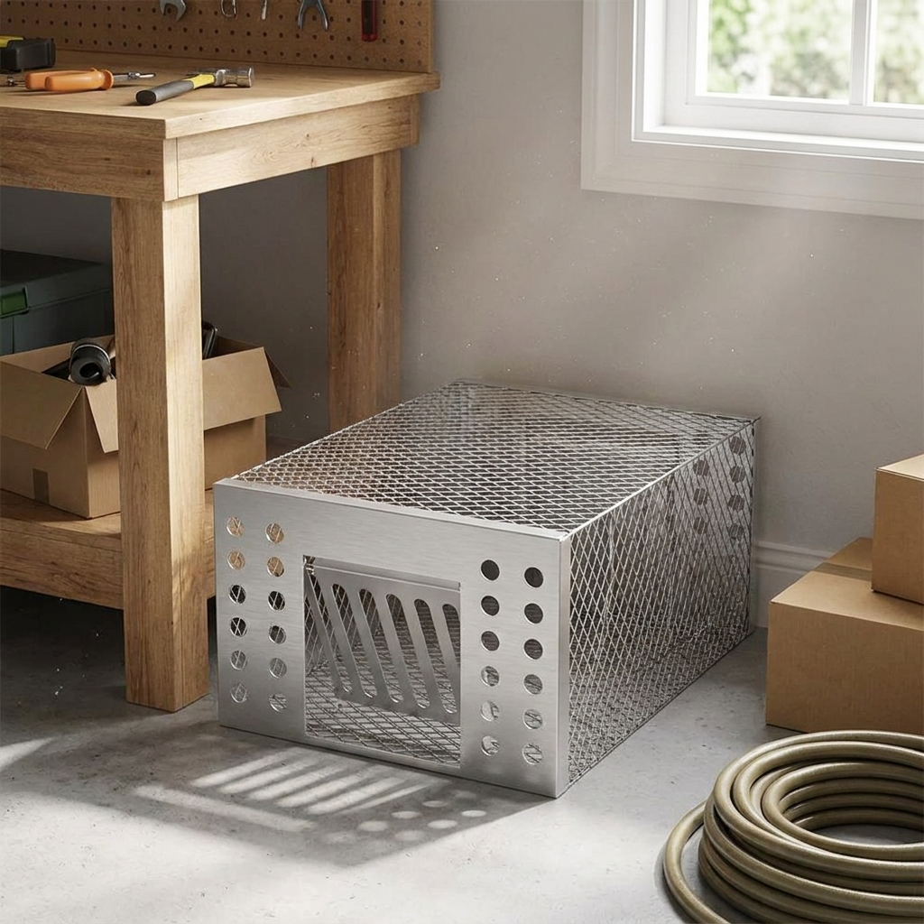 Mouse trap cage placed in a home garage corner