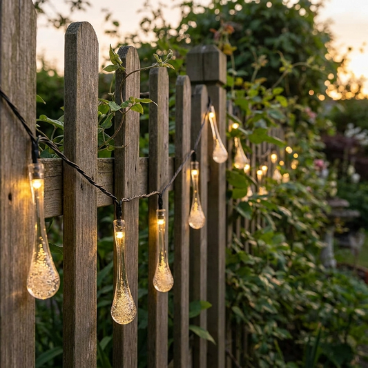 Solar string lights glowing on an outdoor patio at dusk