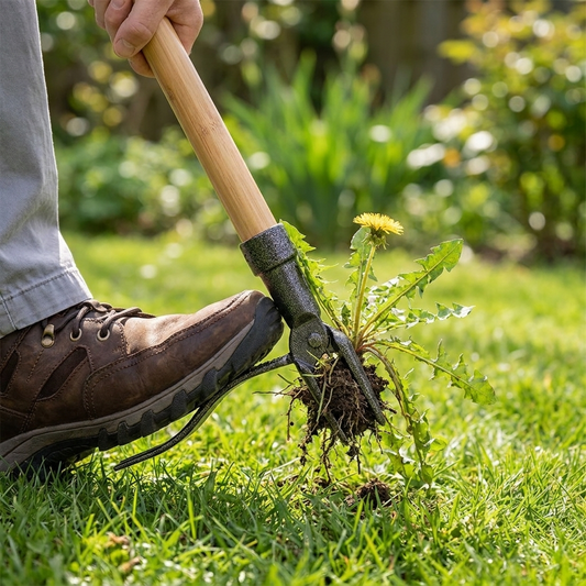 Standing weed puller removing a weed from a lawn