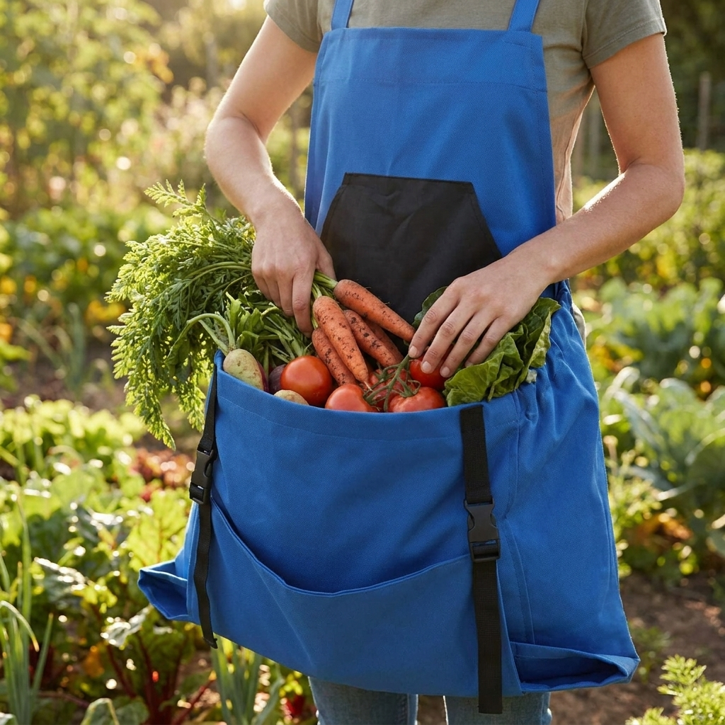 Person wearing harvesting apron in a garden