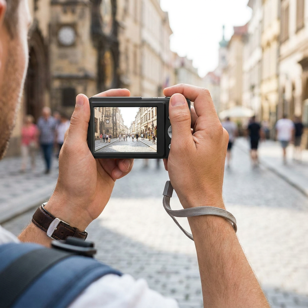 Retro digital camera held outdoors while traveling