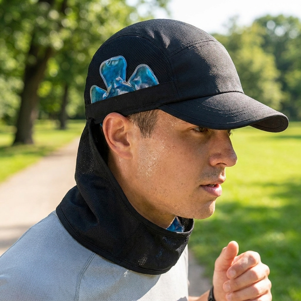 Ice gel pack cooler tucked into a sports cap