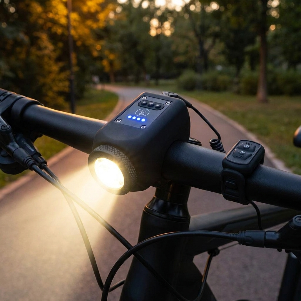 Electric bike horn and light mounted on handlebar at dusk