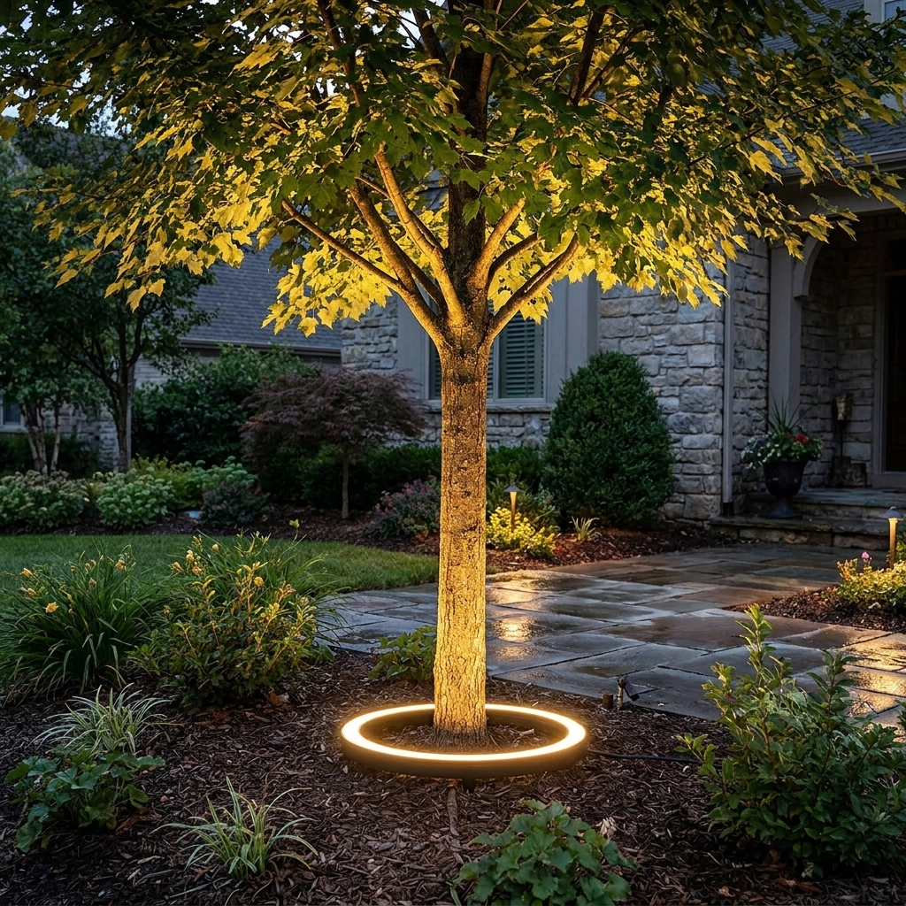 LED tree spotlight illuminating a garden at dusk