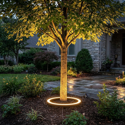LED tree spotlight illuminating a garden at dusk