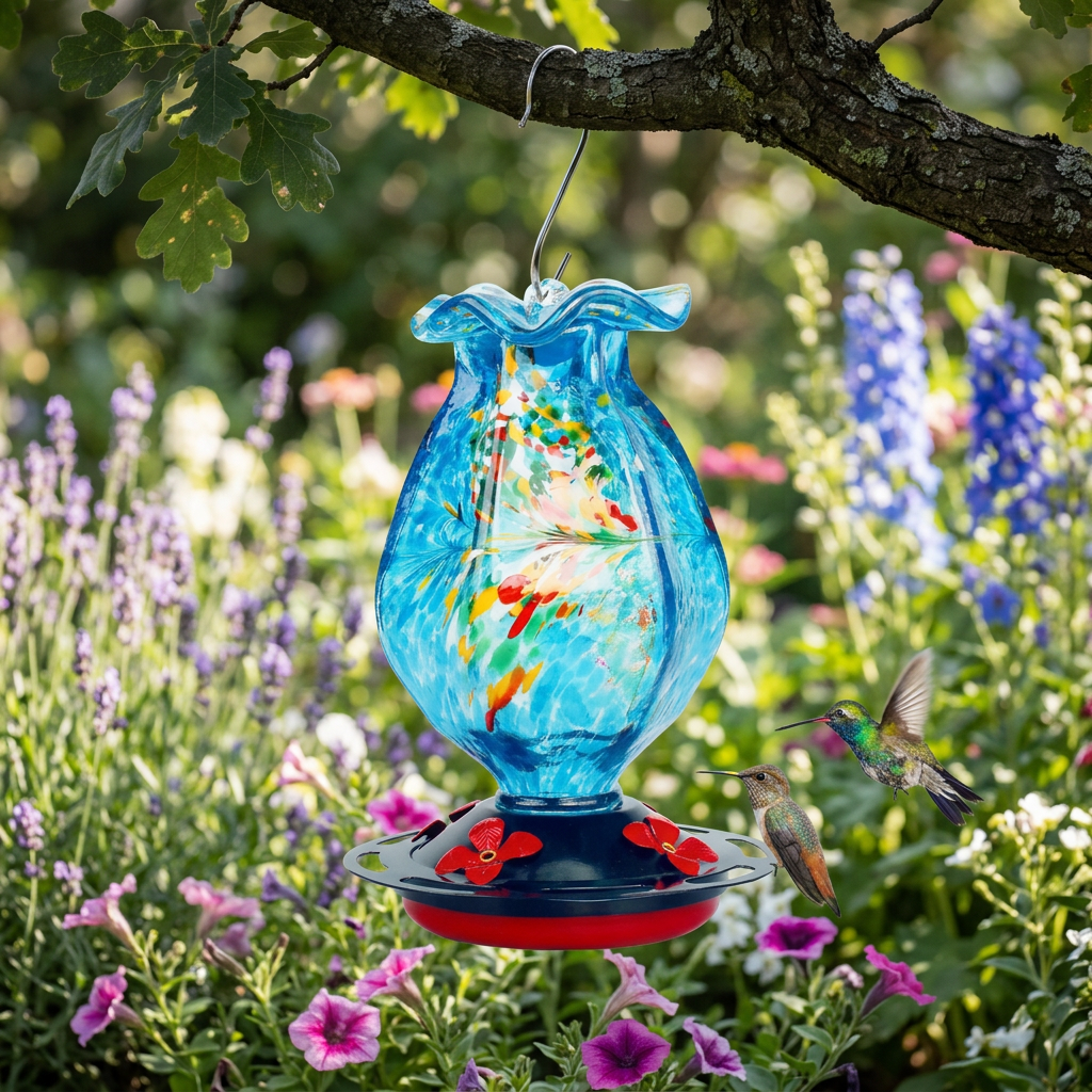 Glass bird feeder hanging from a tree branch in a garden