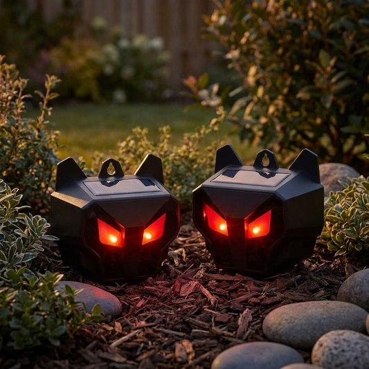 Solar animal repeller placed in a garden at dusk