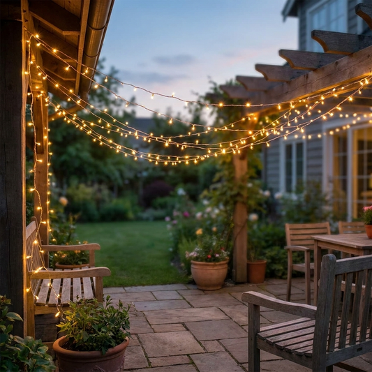 Solar string lights glowing on a backyard patio at dusk