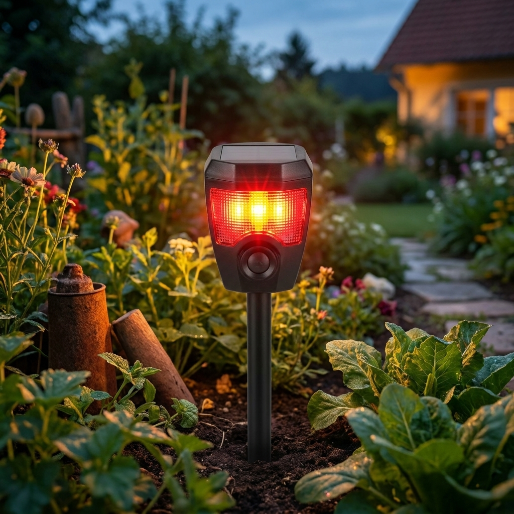 Solar bird repeller in a garden at dusk with light active