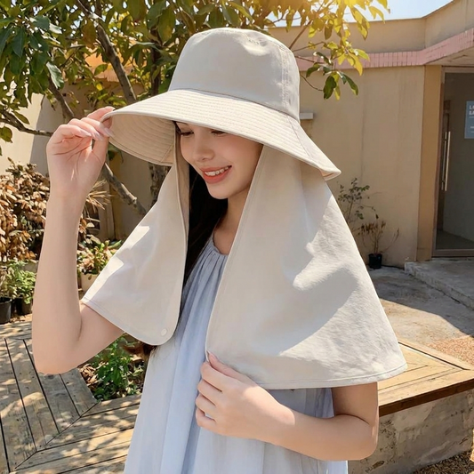 Woman wearing wide brim sun hat outdoors