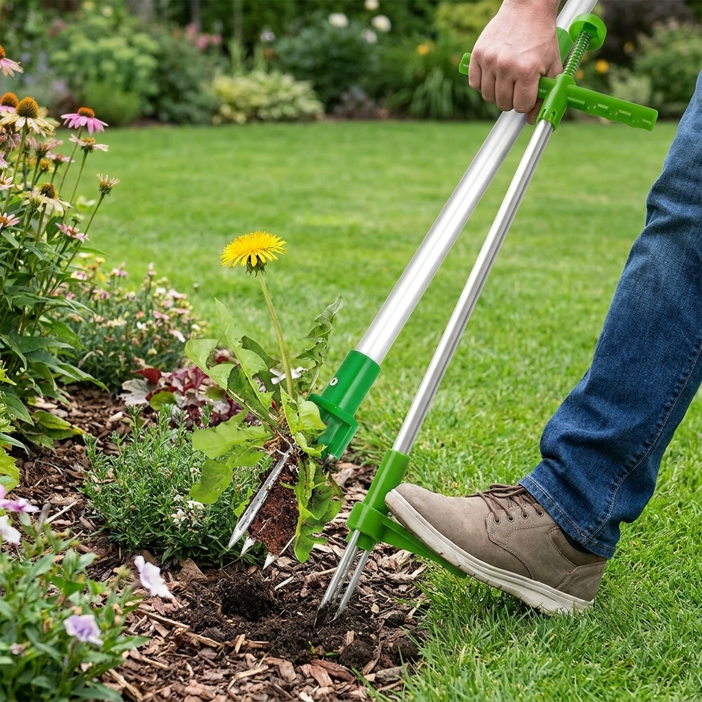 Long handle weed puller pulling a weed from a garden bed