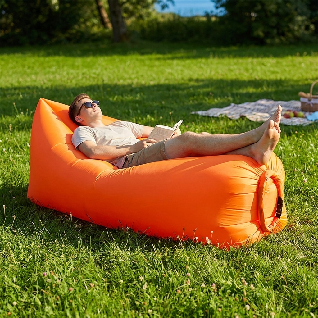 Person relaxing on an outdoor air lounger on grass