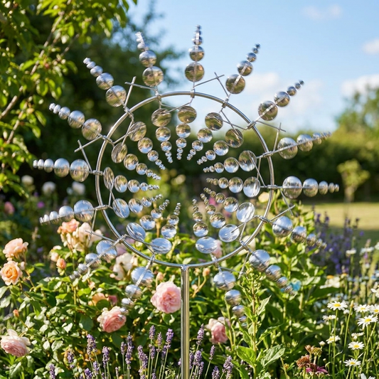 Metal garden windmill spinning in a flower bed
