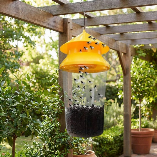 Fly trap hanging from a patio pergola
