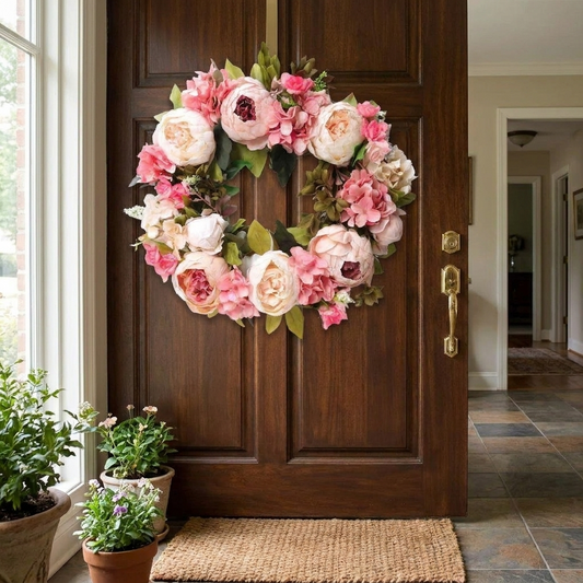 Peony wreath hanging on a front door