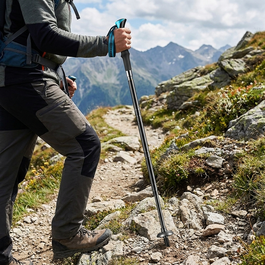Tactical trekking pole in use by a hiker on a mountain trail