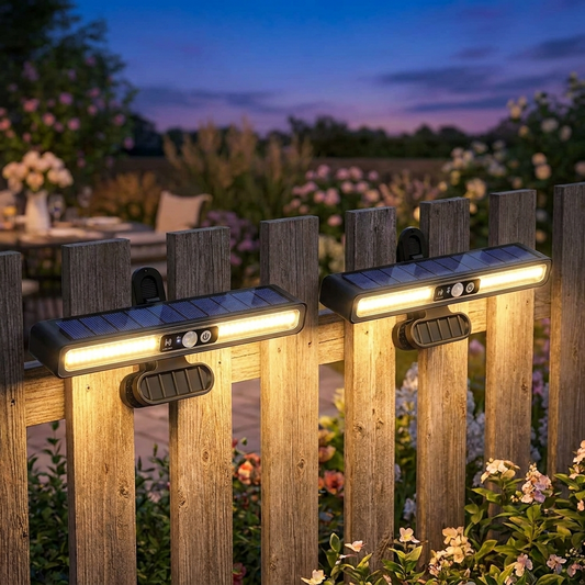 Solar fence lights mounted on a backyard fence at dusk