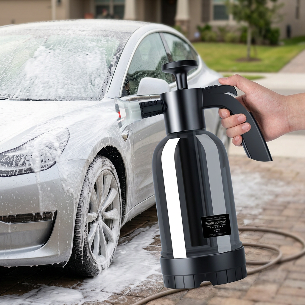 Foam car washer in use in a driveway