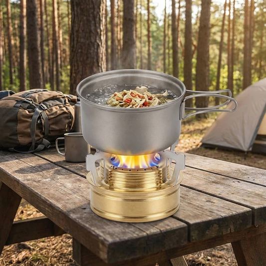 Mini camping stove cooking at an outdoor campsite