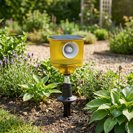 Solar bird repeller placed in a garden