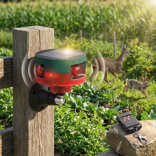 Solar animal repeller mounted on a farm fence post