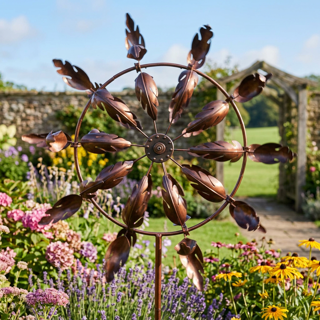 Metal windmill wind spinner spinning in a sunny garden