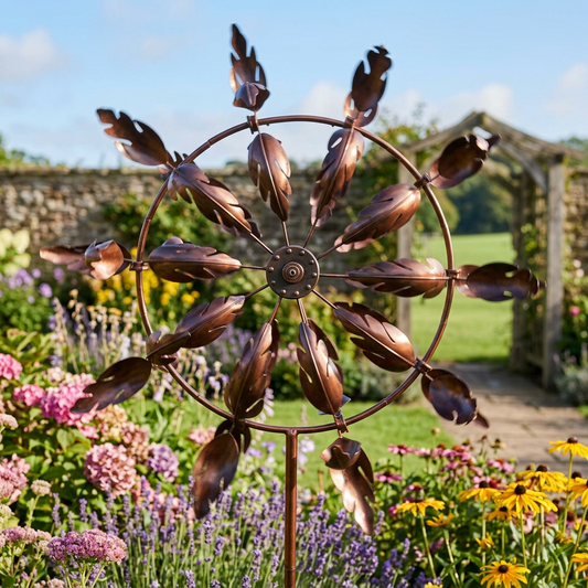 Metal windmill wind spinner spinning in a sunny garden