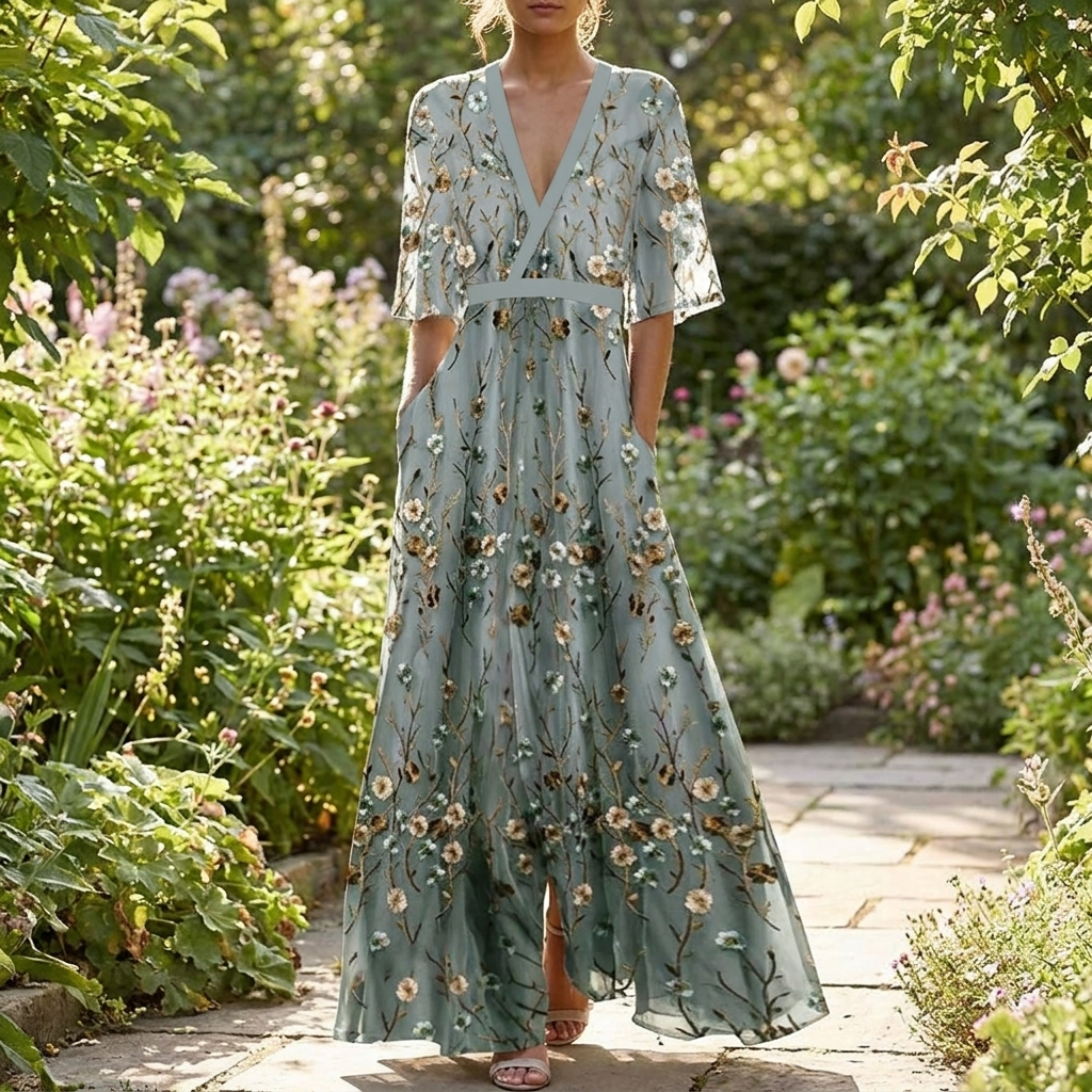 Green long dress worn outdoors in a garden