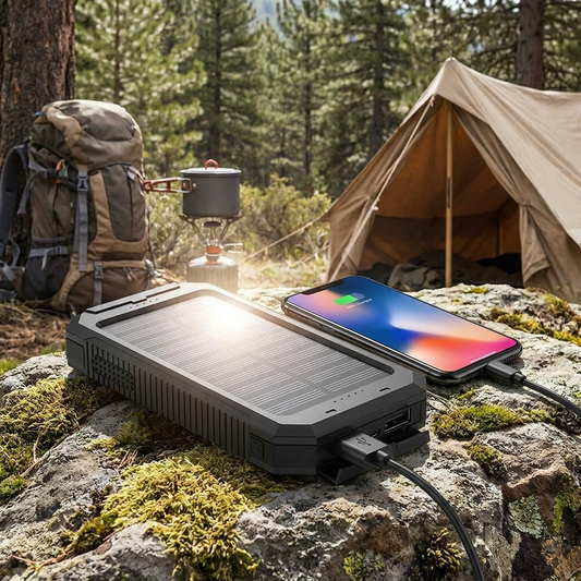 Solar power bank charging a phone outdoors