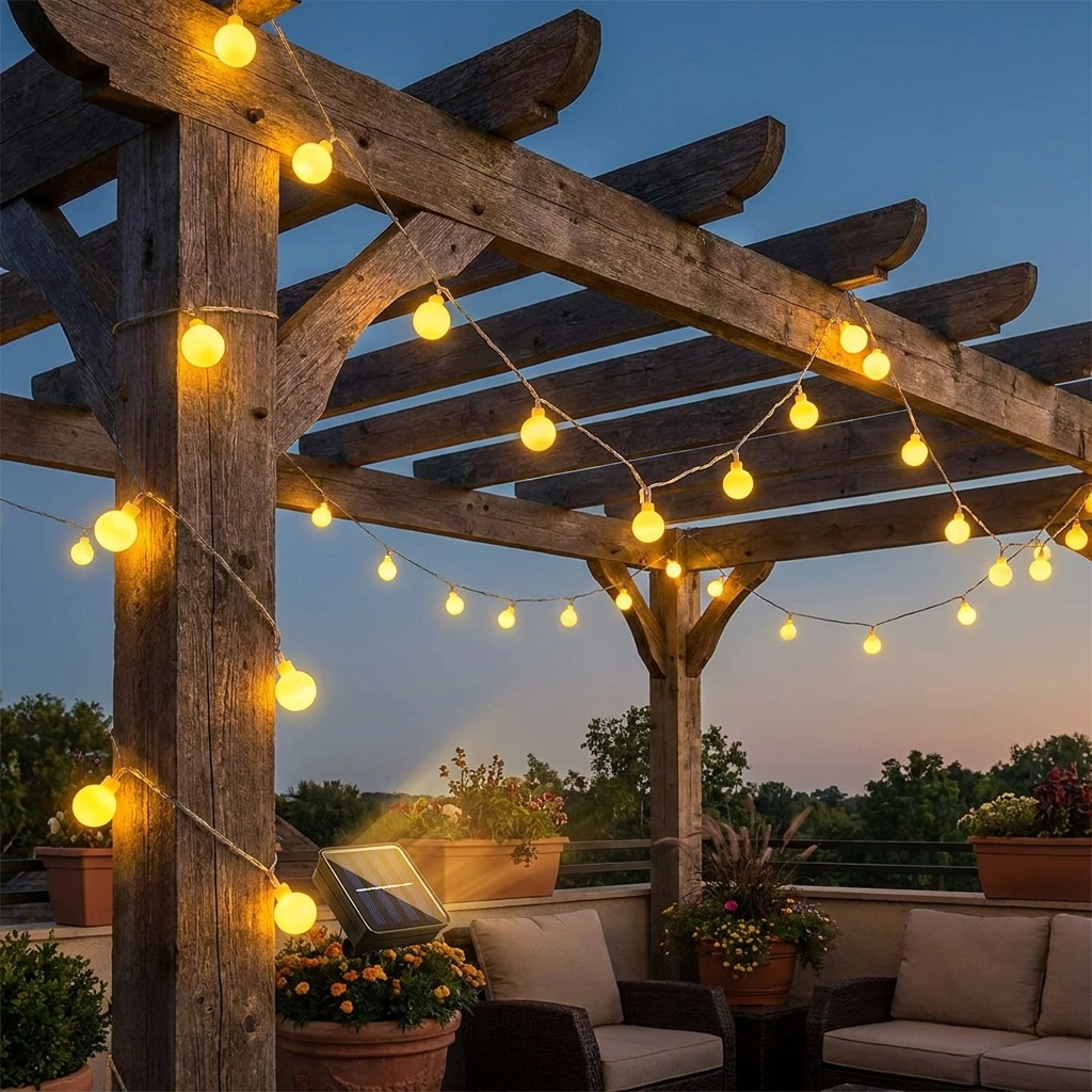 Solar-powered fairy lights on an outdoor patio at dusk